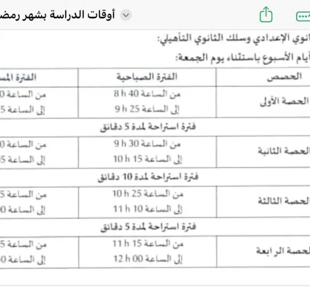 أوقات الدراسة بشهر رمضان المبارك لسنة 1447 هـ